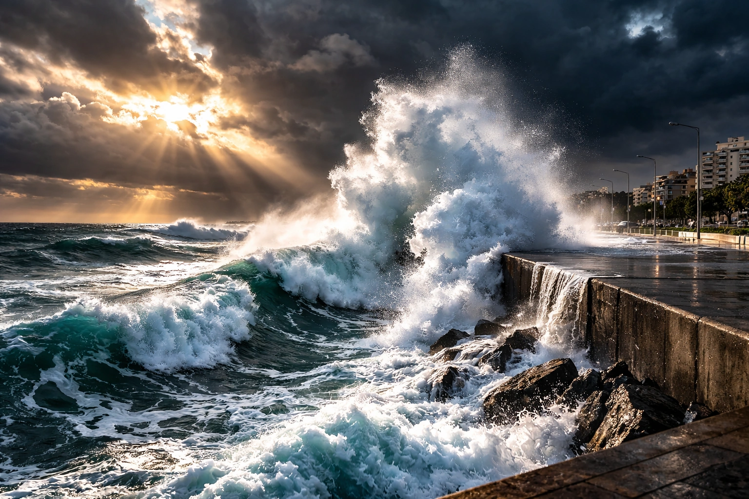 Ondas grandes a bater num paredão junto ao mar, com água a salpicar e céu carregado.