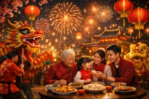 Celebração do Ano Novo Chinês com lanternas vermelhas e dança do dragão