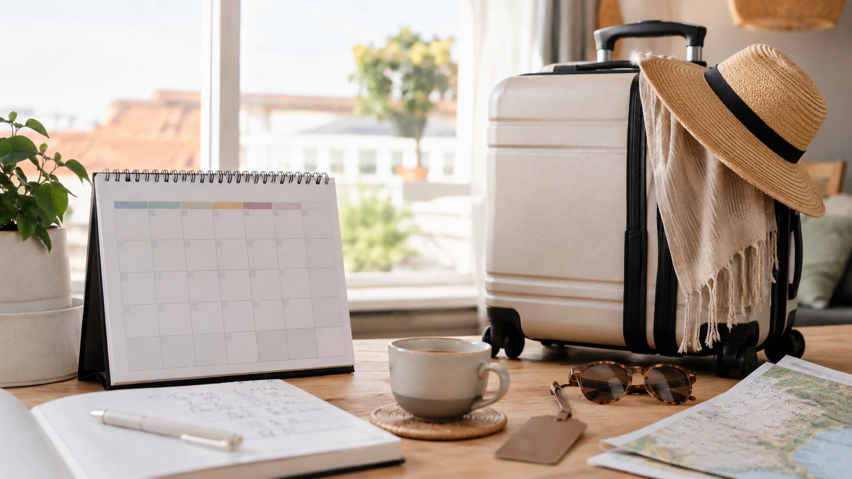 Calendário de 2026 numa mesa com bloco de notas e mala de viagem