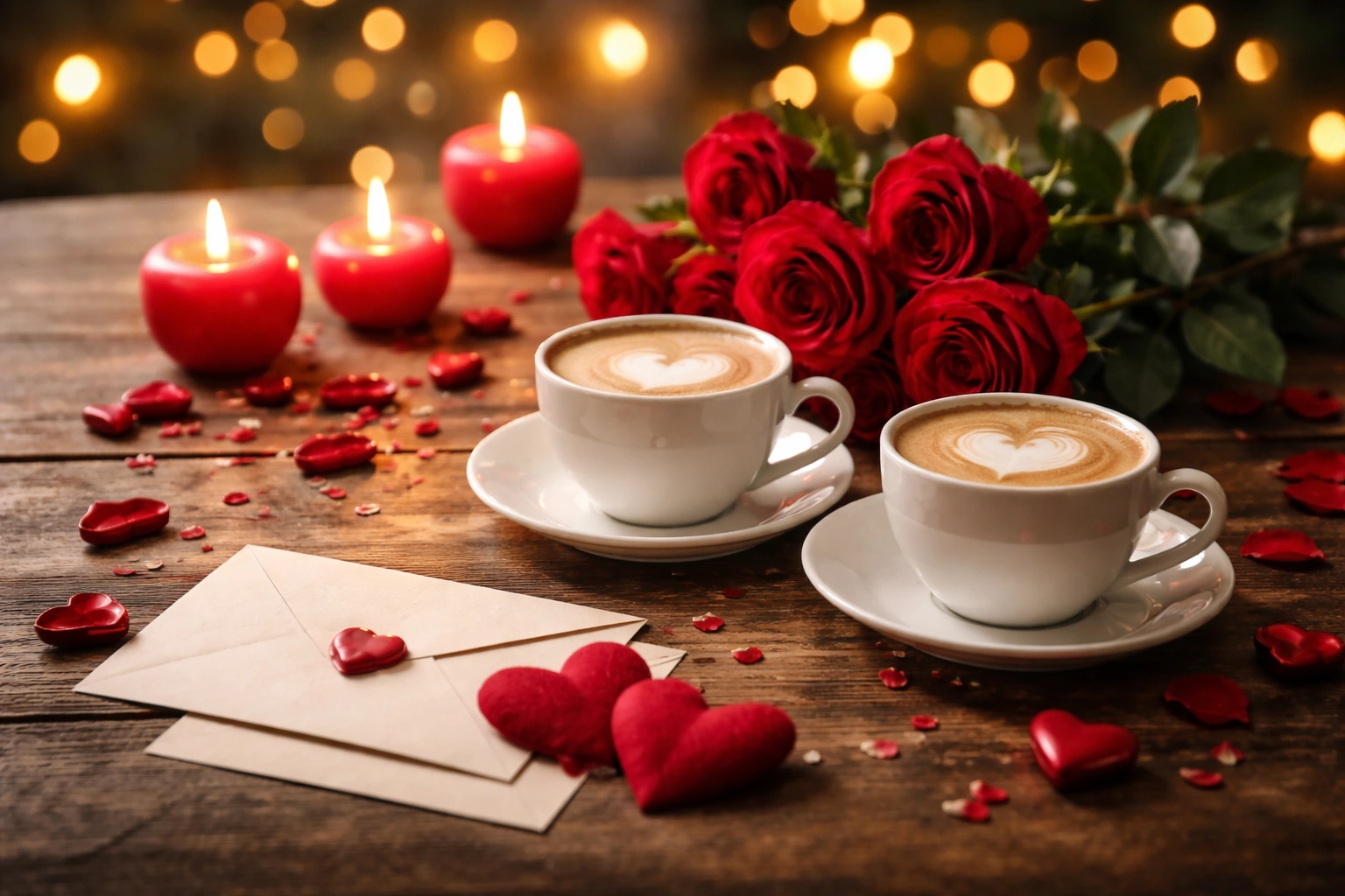 Uma mesa com velas, corações e duas chávenas.