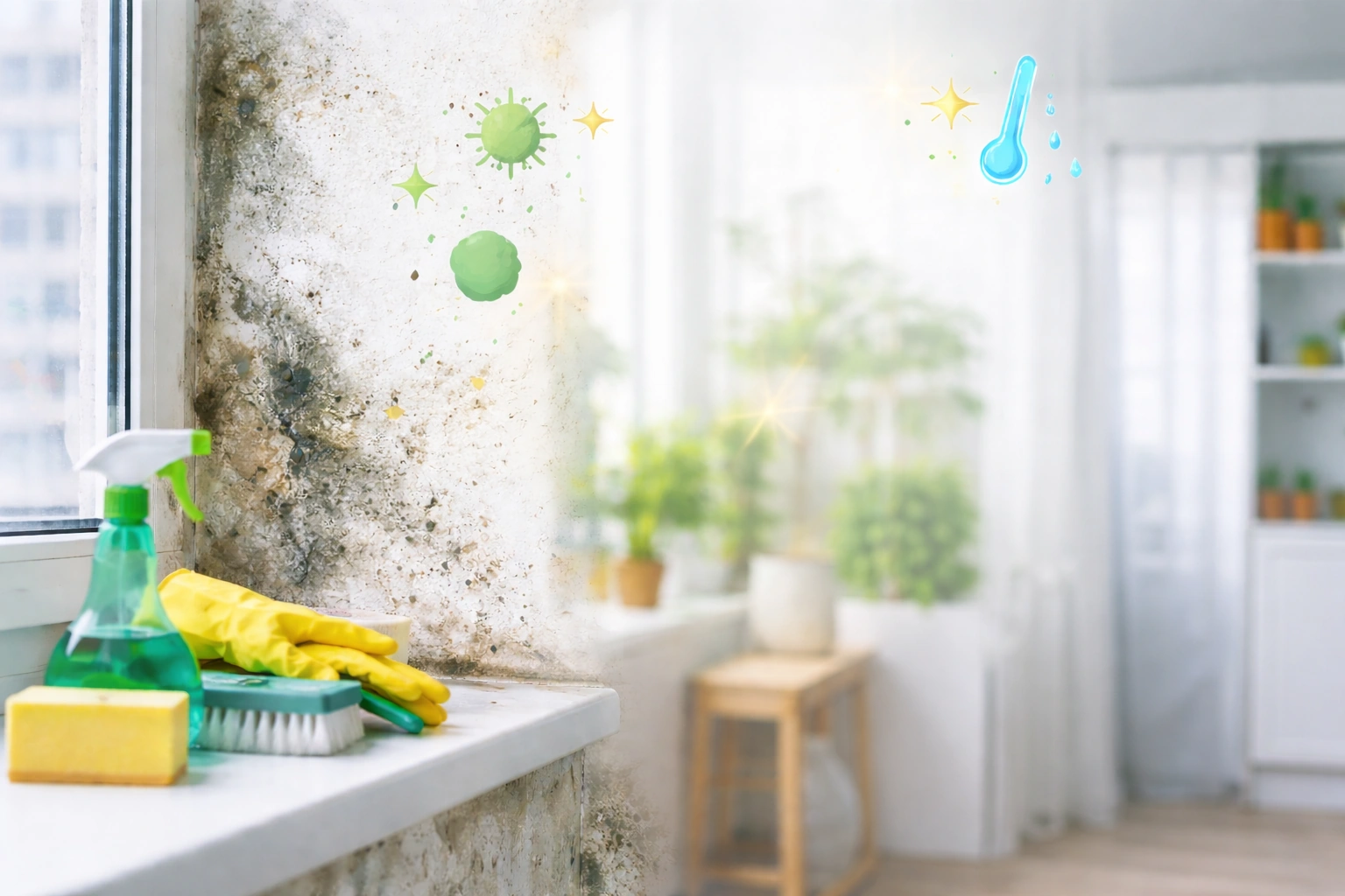 Parede junto à janela com bolor e humidade, com produtos de limpeza para eliminar mofo em casa.