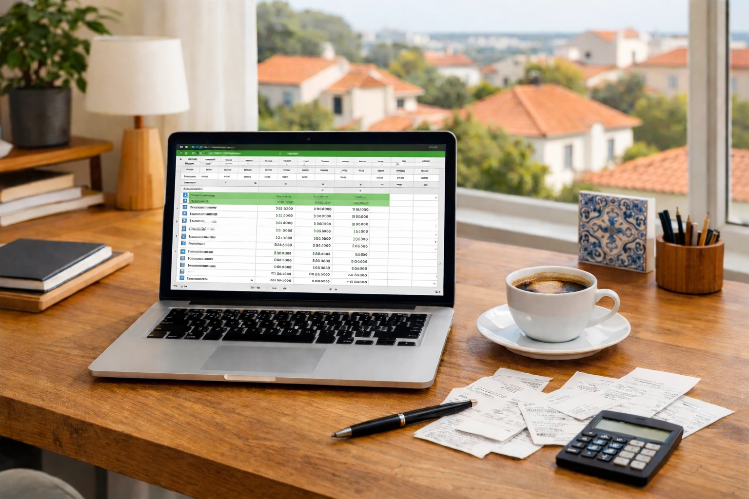 Portátil com folha Excel de controlo de despesas e IRS num escritório em casa em Portugal, com recibos e calculadora na secretária.