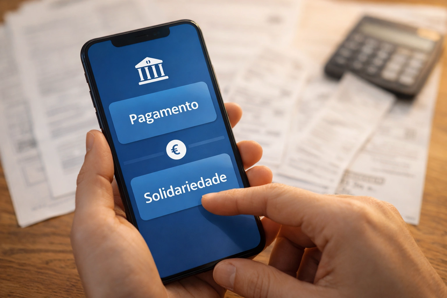 Close-up de mão a utilizar aplicação no smartphone para efetuar pagamento ou solidariedade, com documentos fiscais e calculadora desfocados ao fundo.