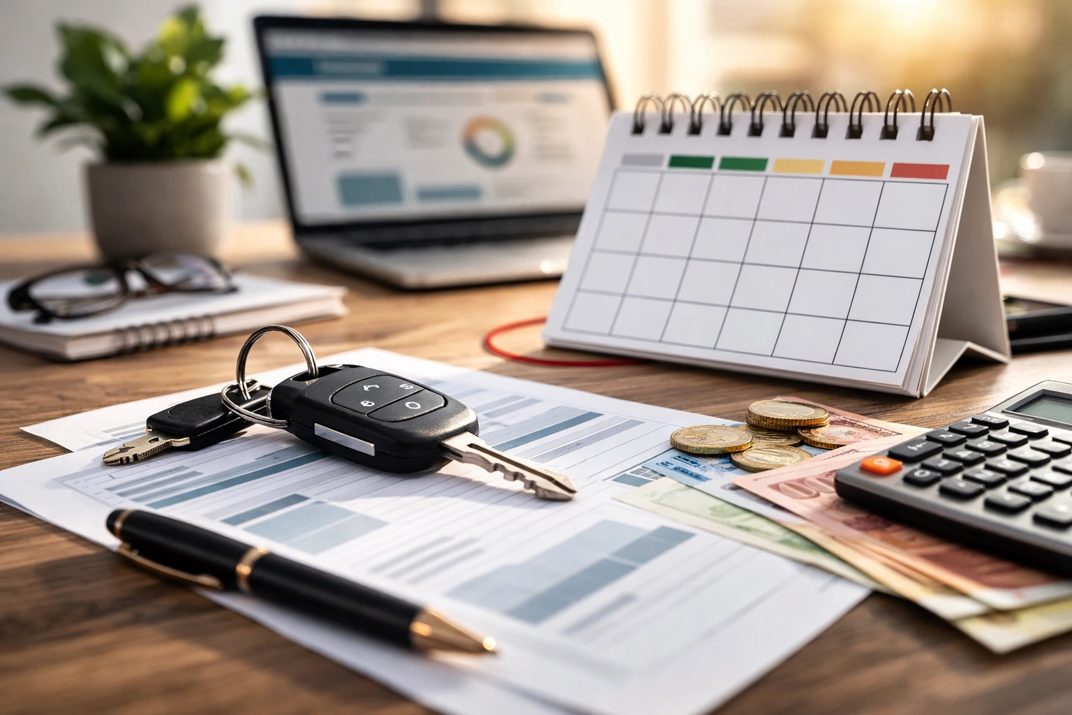 Chaves de carro, documento de pagamento e calendário em branco numa secretária, a ilustrar as datas do IUC