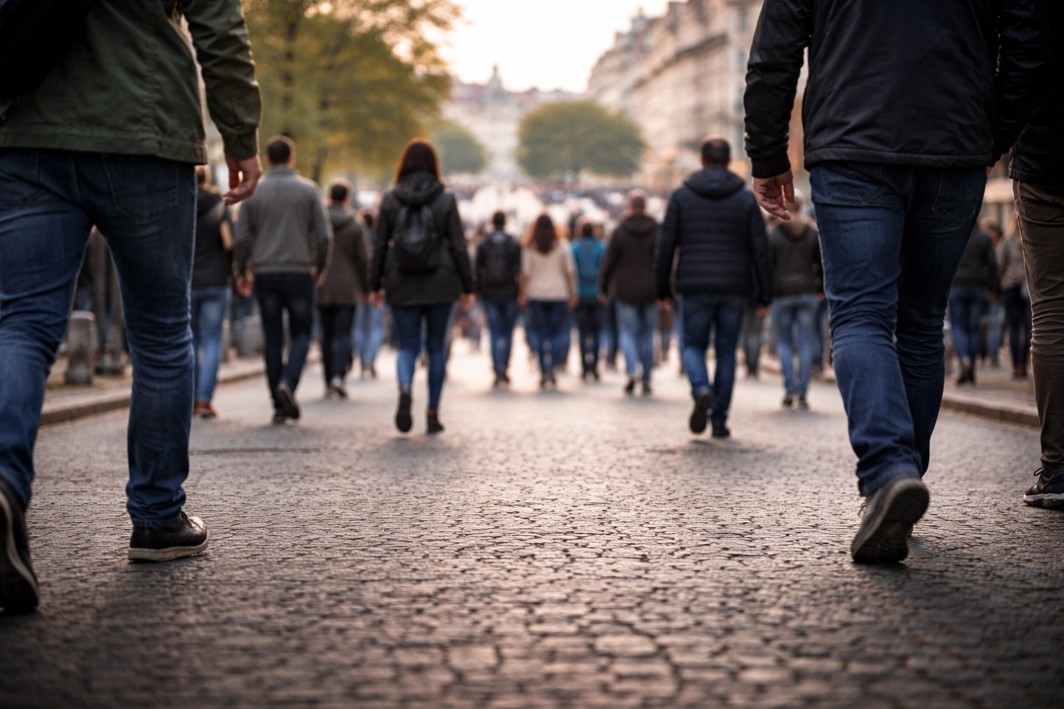 Pessoas a caminhar numa avenida, imagem editorial para ilustrar a manifestação de 28 de fevereiro