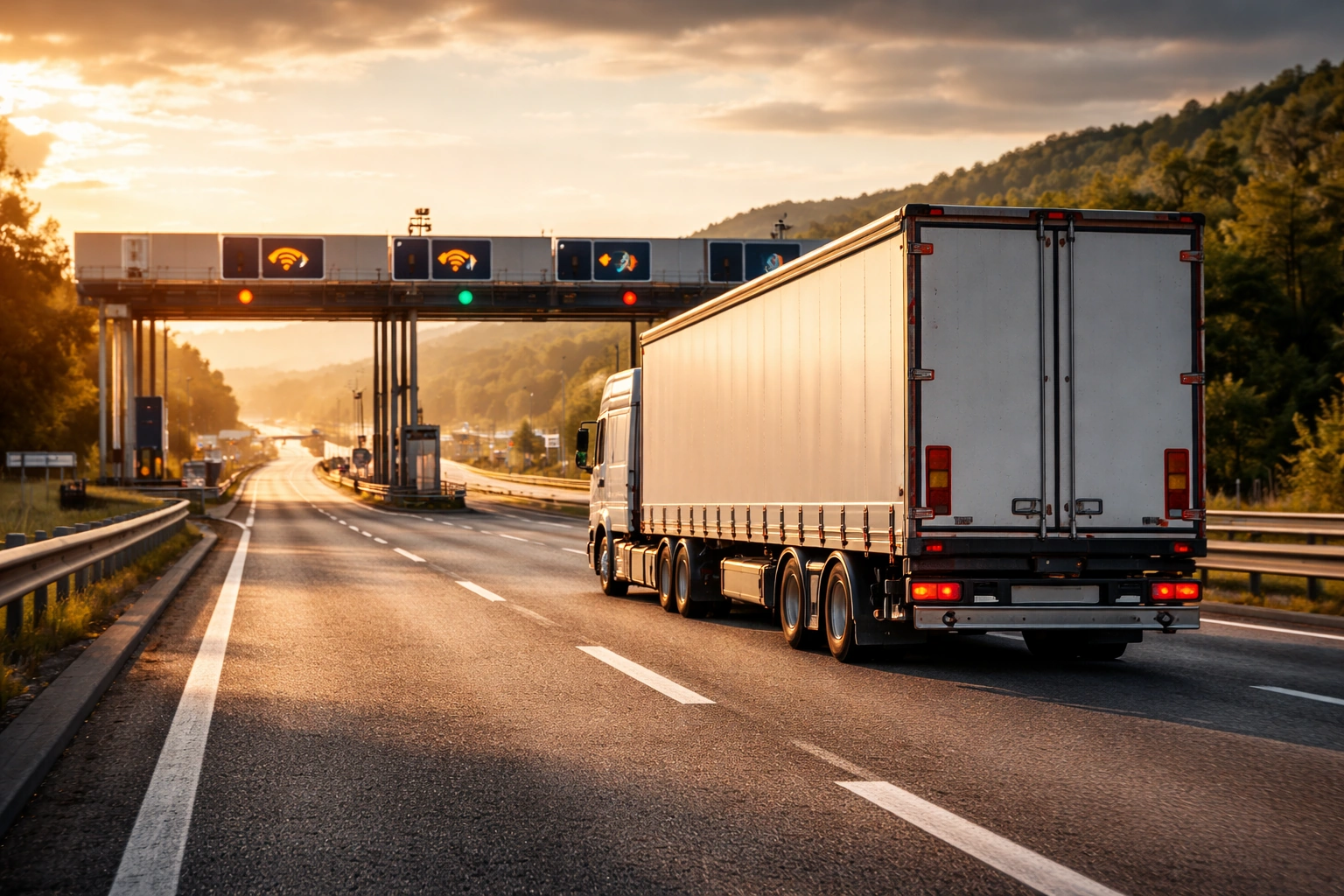 Camião de mercadorias a aproximar-se de um pórtico de portagem numa autoestrada ao final da tarde.