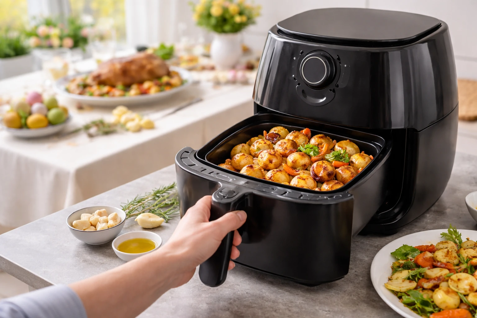 Air fryer aberta com batatas e legumes assados