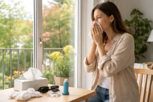 Pessoa a lidar com alergias de primavera em casa, com lenços e inalador