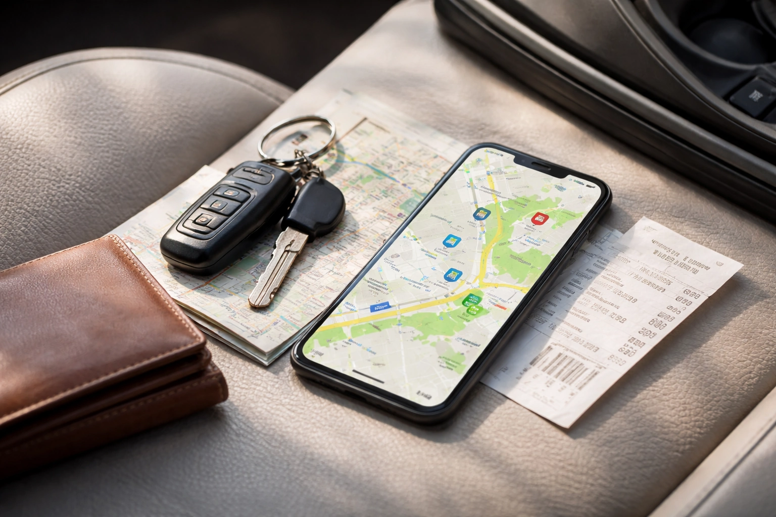 Telemóvel, chaves do carro e recibo de combustível numa mesa, ilustrando a procura de postos mais baratos.