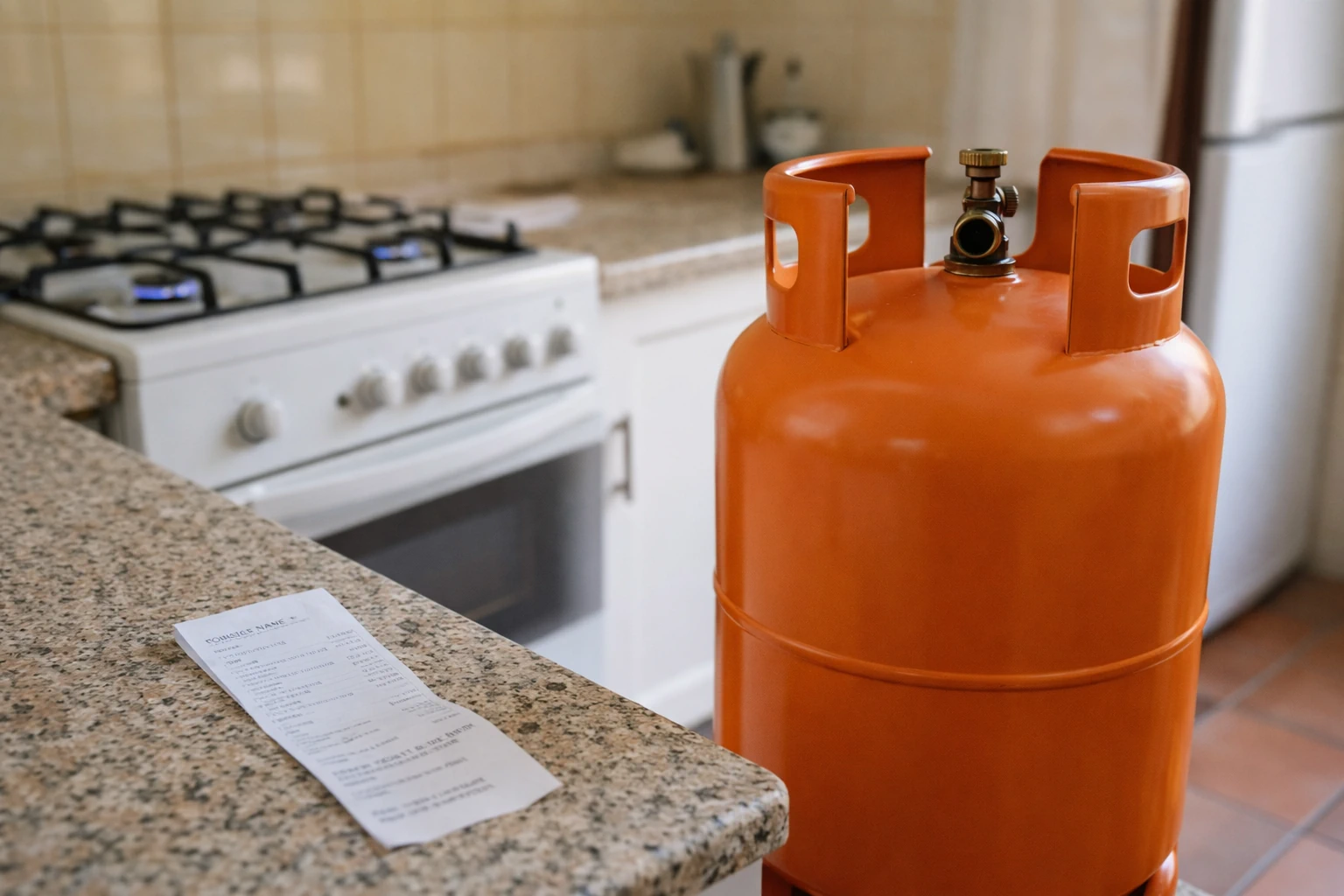 Botija de gás doméstica em cozinha com talão de compra para apoio Botija Solidária 2026