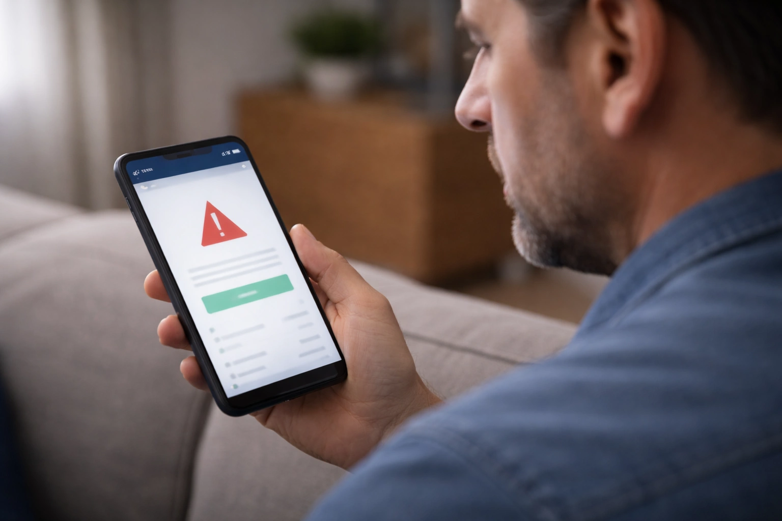 Homem observa no telemóvel um alerta suspeito que simula banca online, num contexto de possível burla por SMS