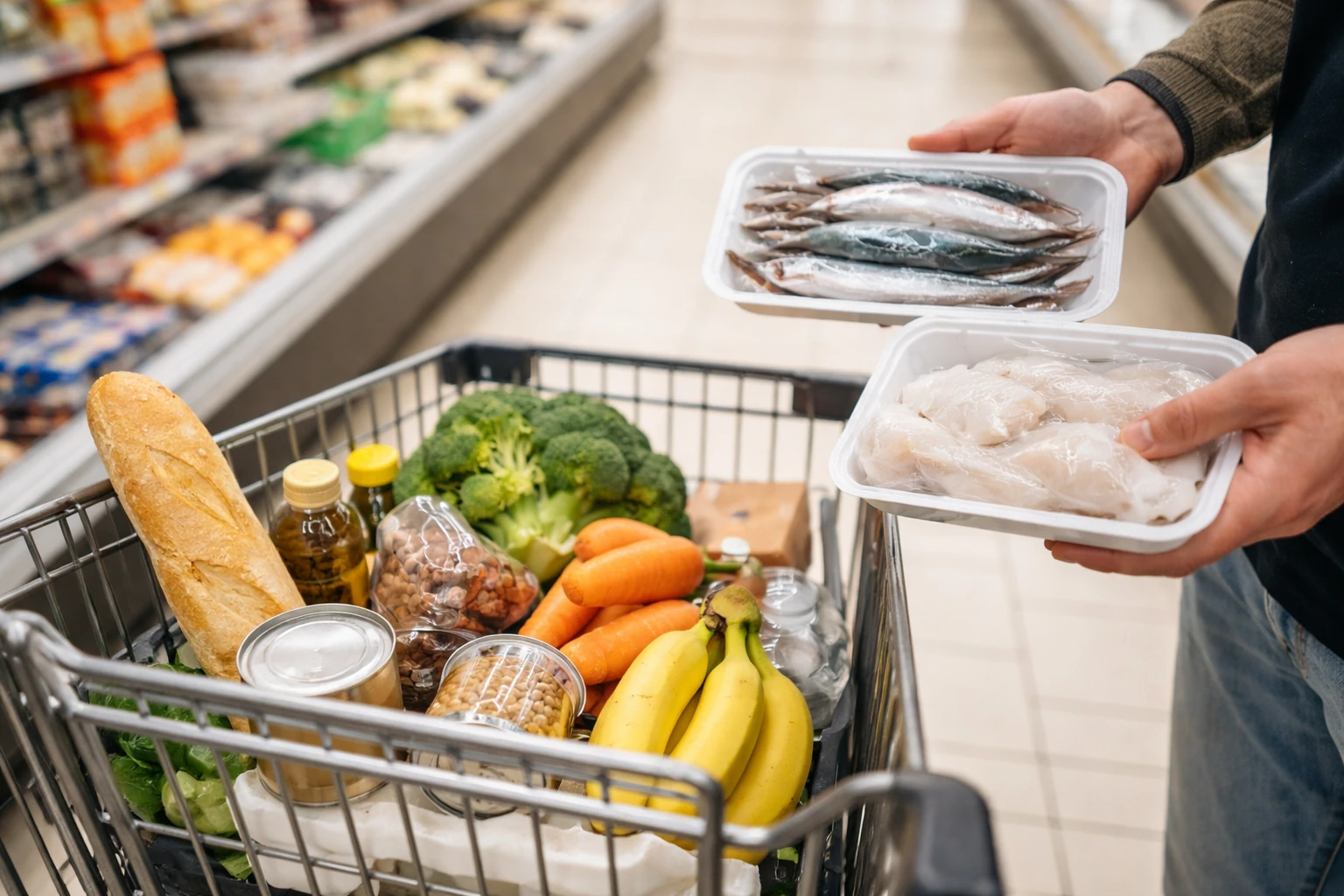 Pessoa compara opções de alimentos num supermercado para poupar no cabaz alimentar