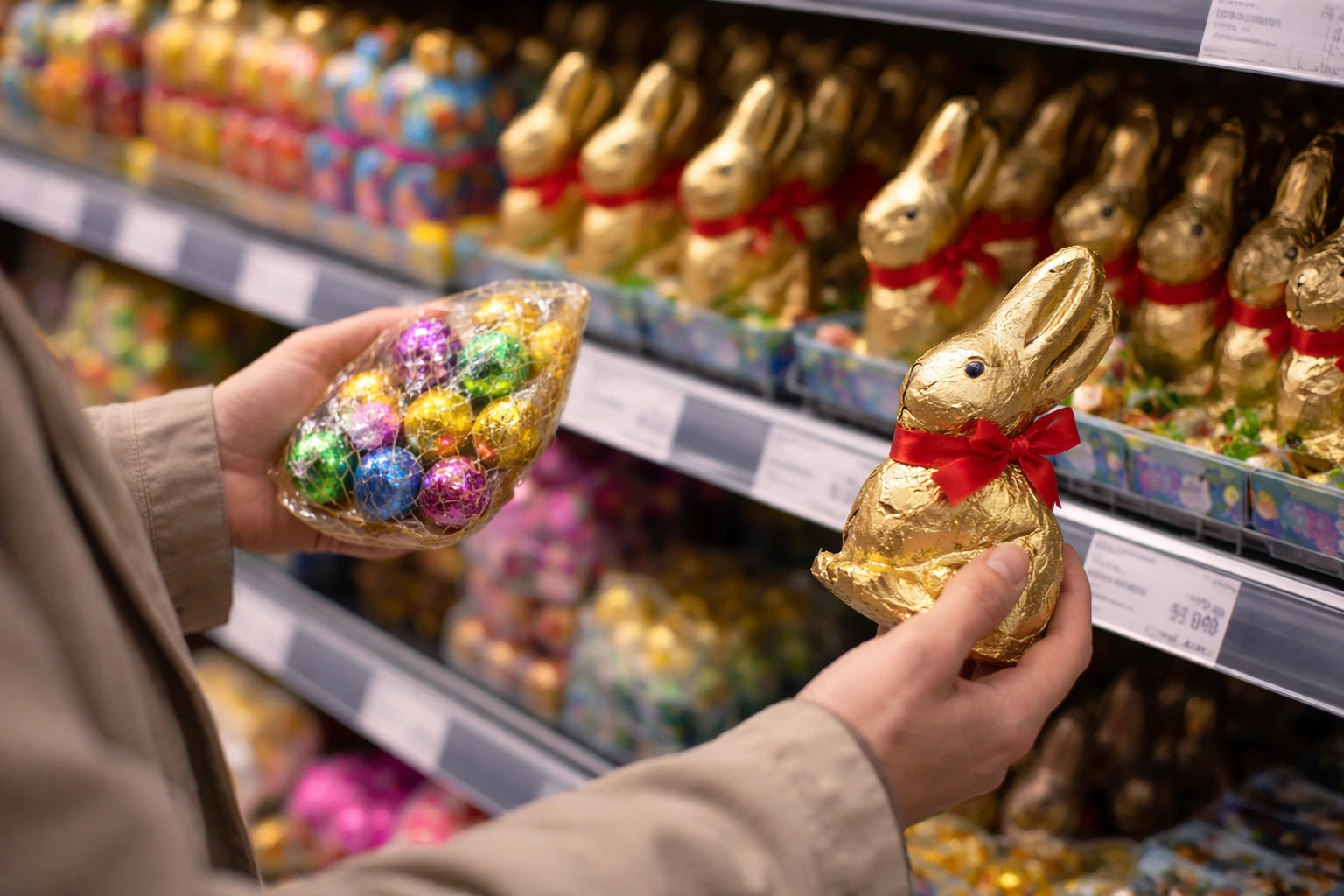 Consumidor a comparar chocolates da Páscoa num supermercado
