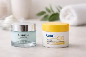 Dois cremes de rosto low-cost lado a lado, numa comparação entre opções do Mercadona e do Lidl.