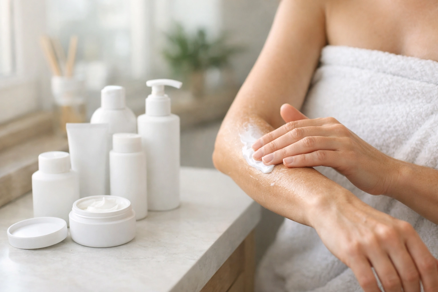 Mulher a aplicar creme hidratante no braço, com várias opções de creme acessível ao lado