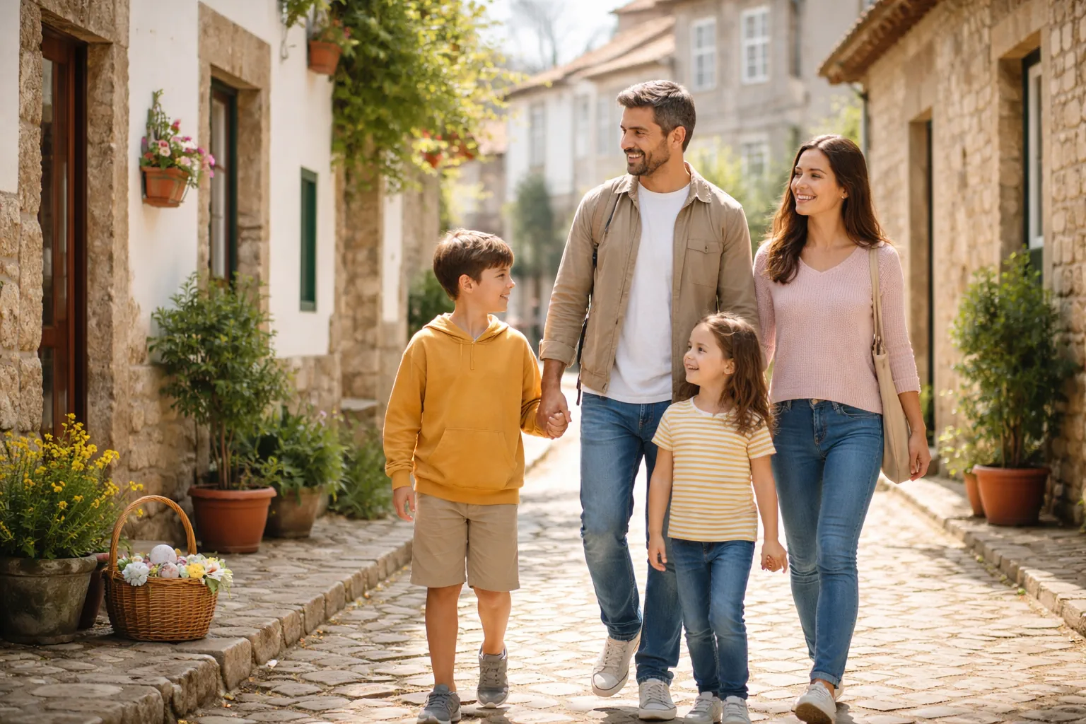 Família a passear numa vila histórica portuguesa durante uma escapadinha de primavera