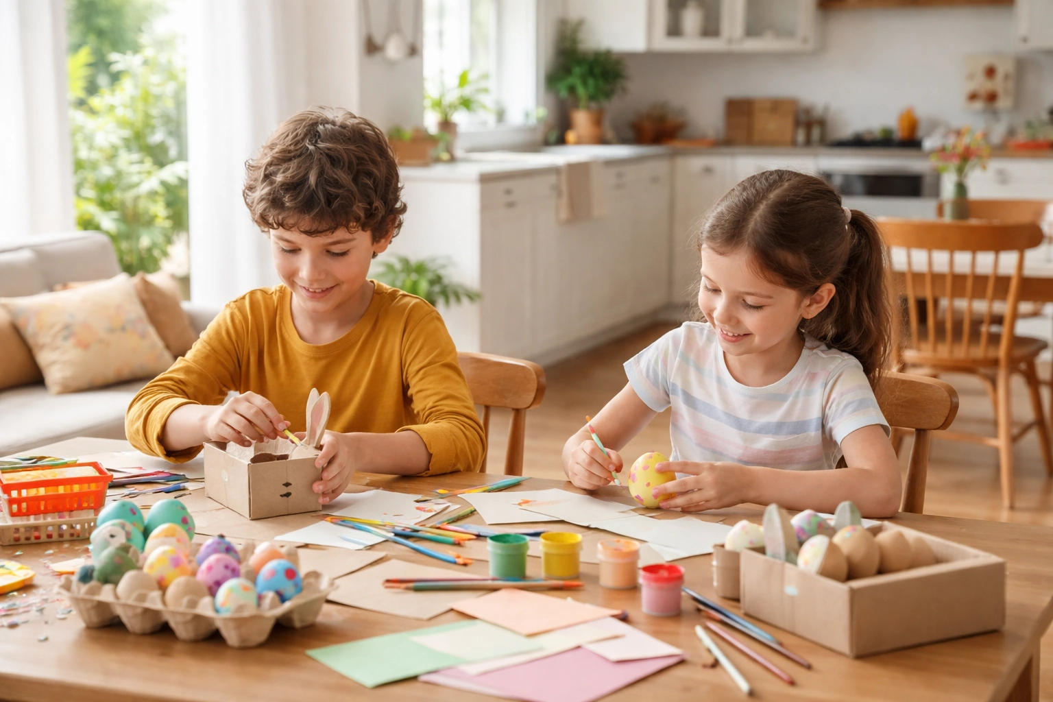 Crianças a fazer atividades simples de Páscoa em casa