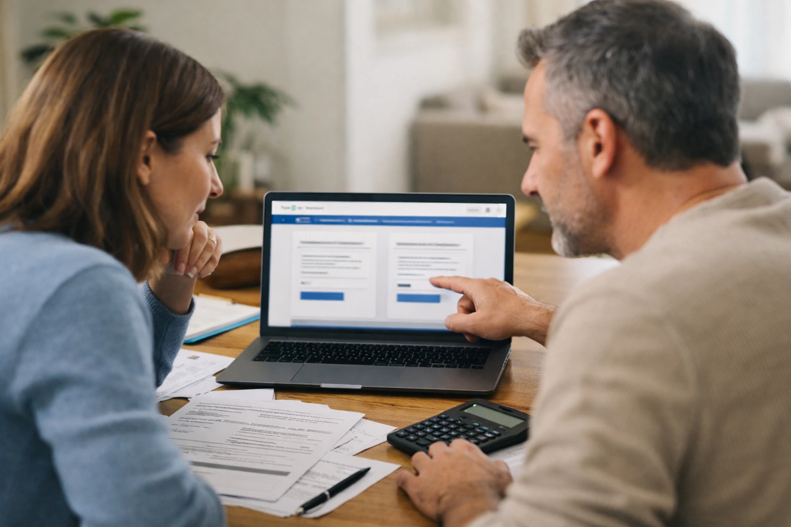 Casal a comparar opções do IRS num portátil com documentos sobre a mesa