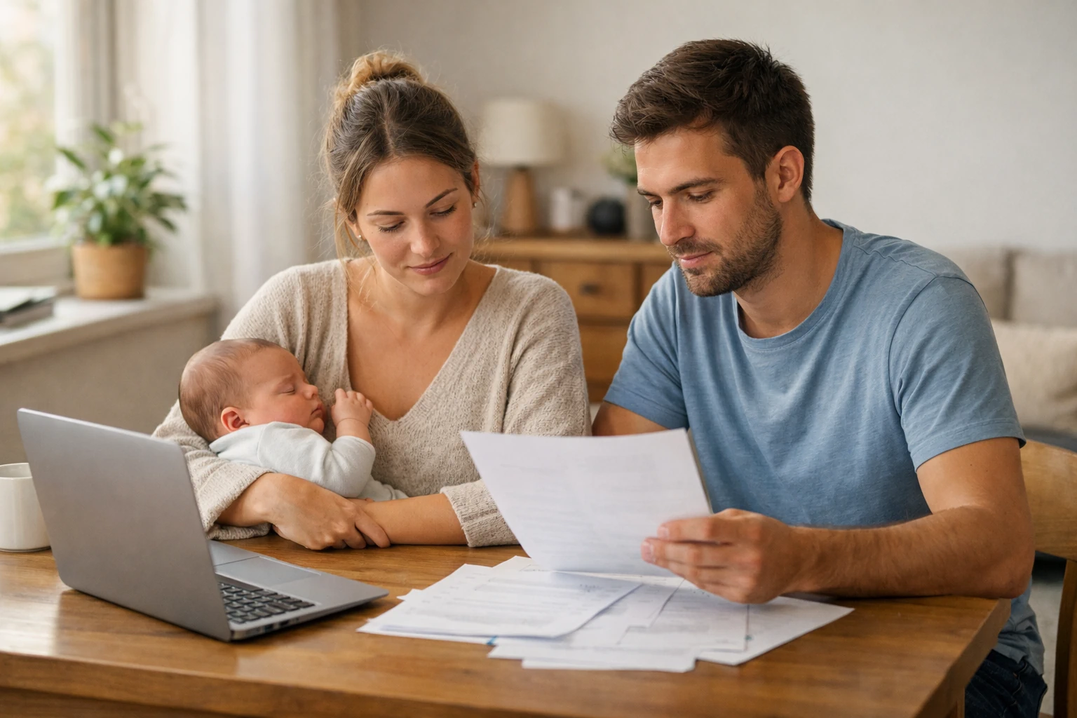 Casal com bebé recém-nascido consulta documentos sobre licença parental em casa
