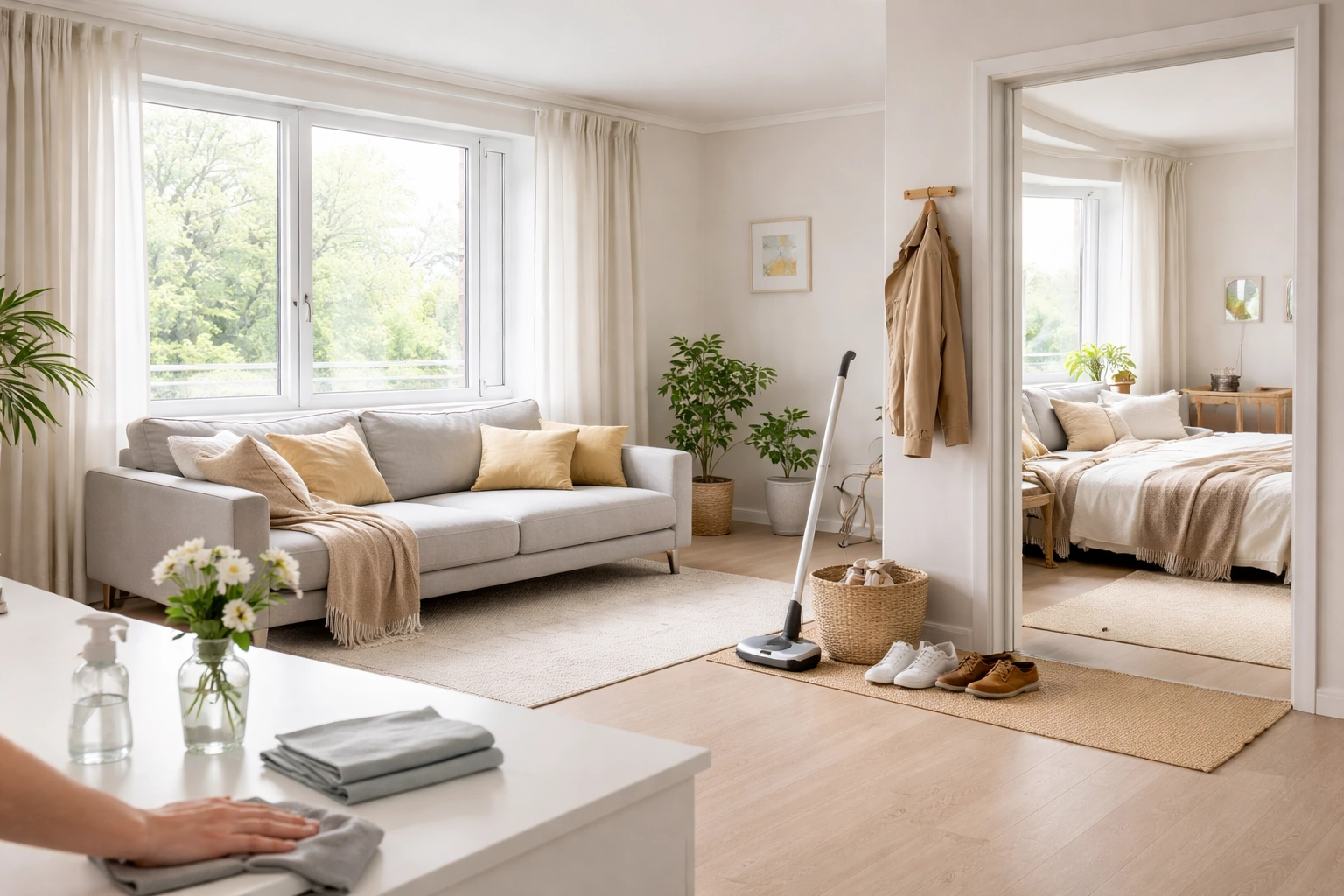 Entrada e quarto organizados com gestos simples para reduzir o pólen em casa na primavera