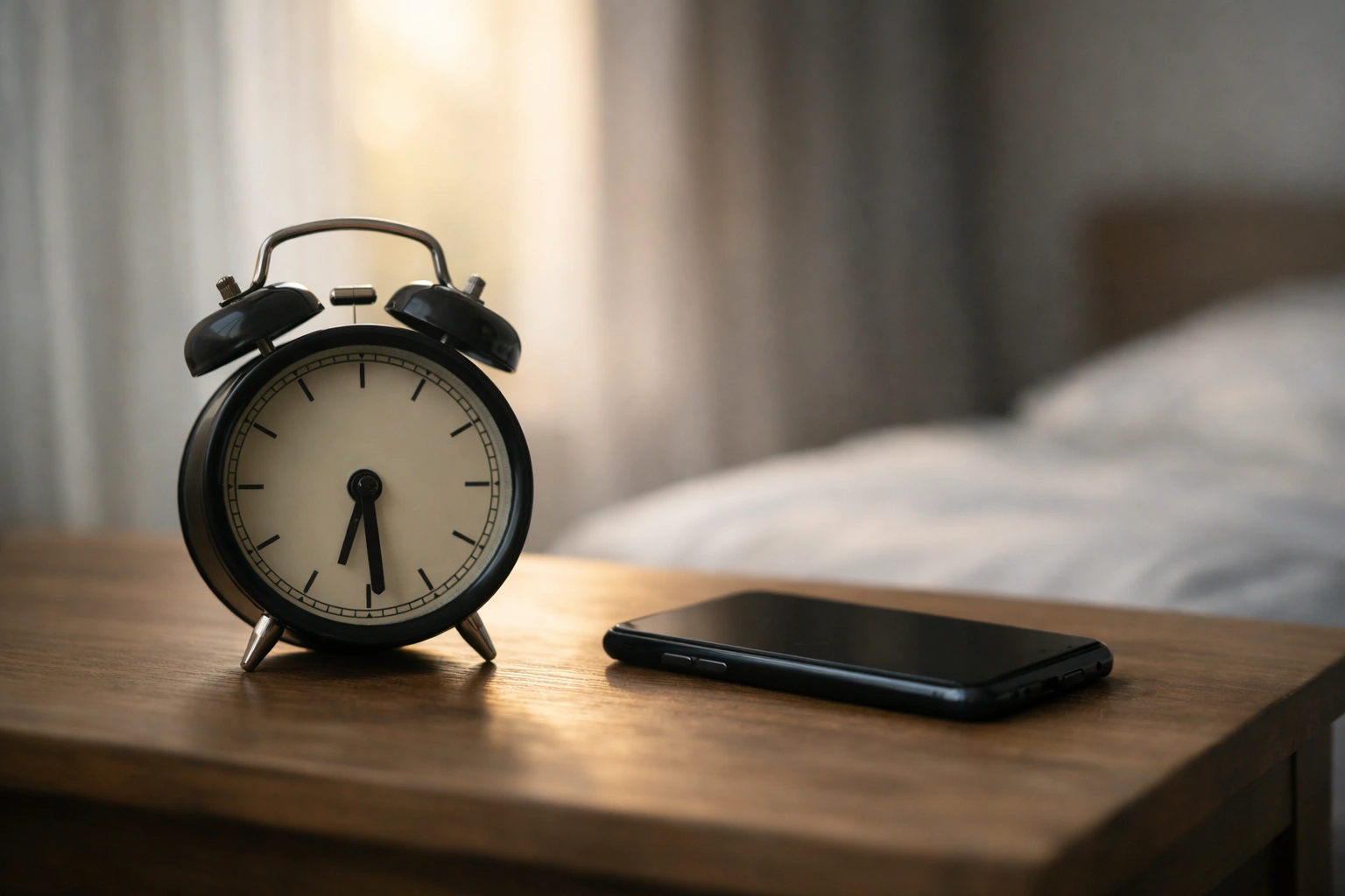 Relógio e smartphone numa mesa de cabeceira a ilustrar a mudança de hora em 2026.