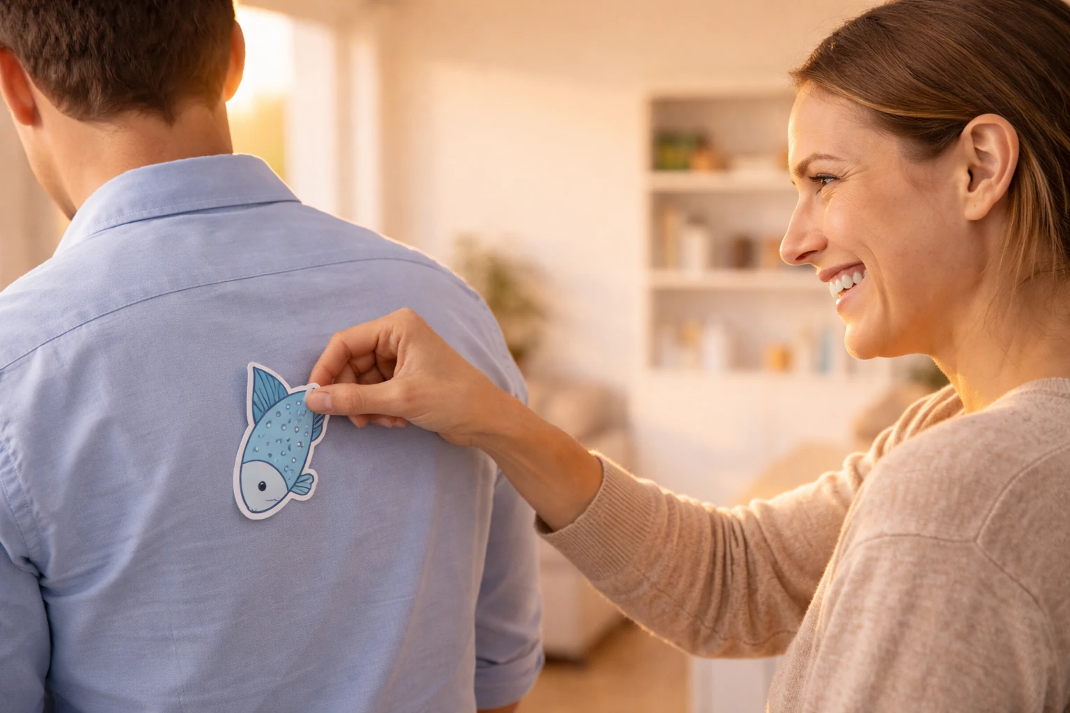 Duas pessoas num ambiente interior a preparar uma partida inocente, ilustrando o Dia das Mentiras