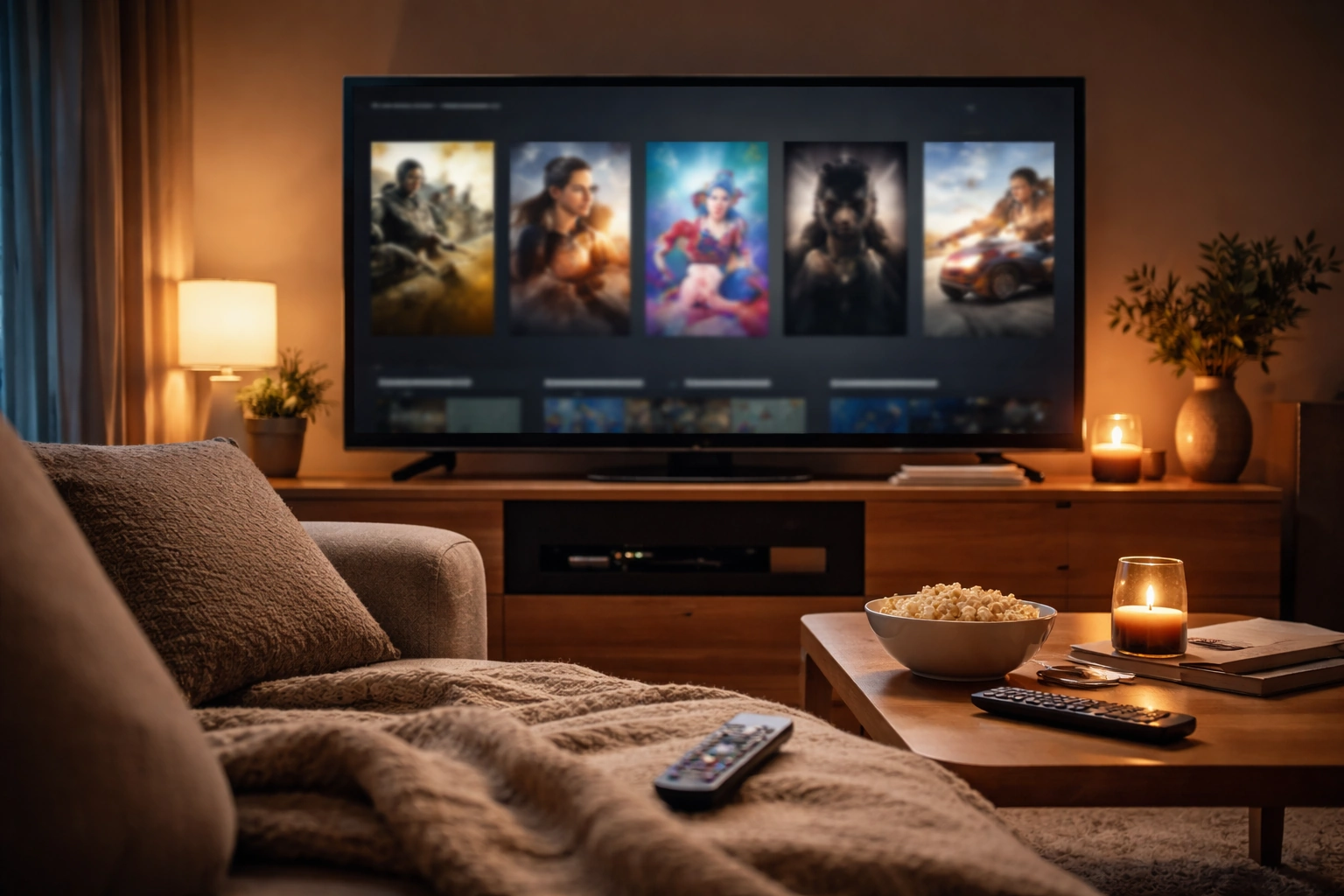 Televisão com interface genérica de streaming numa sala, a sugerir filmes vencedores dos Óscares