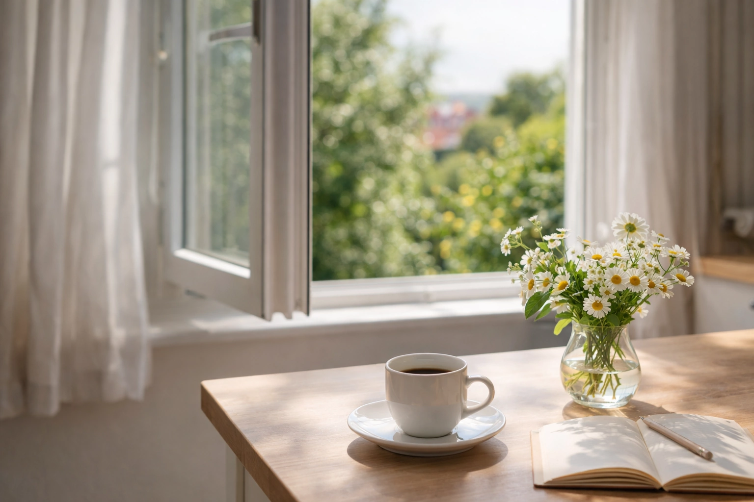 Janela aberta com luz de primavera, café e flores numa casa