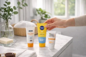 Pessoa a escolher protetor solar facial numa bancada de casa de banho com vários produtos