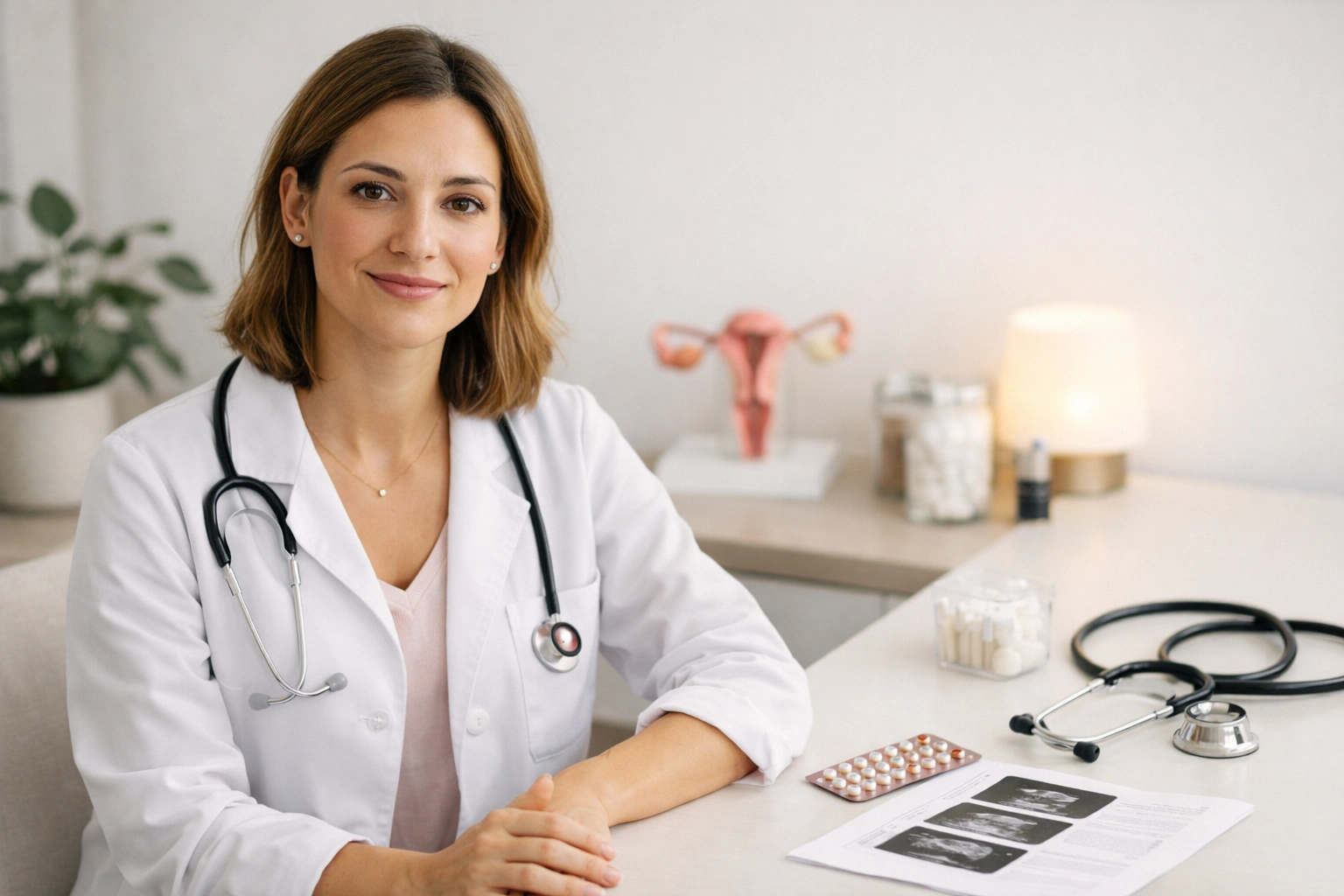 Médica de bata em contexto de consulta preventiva de saúde da mulher, num ambiente calmo e luminoso.