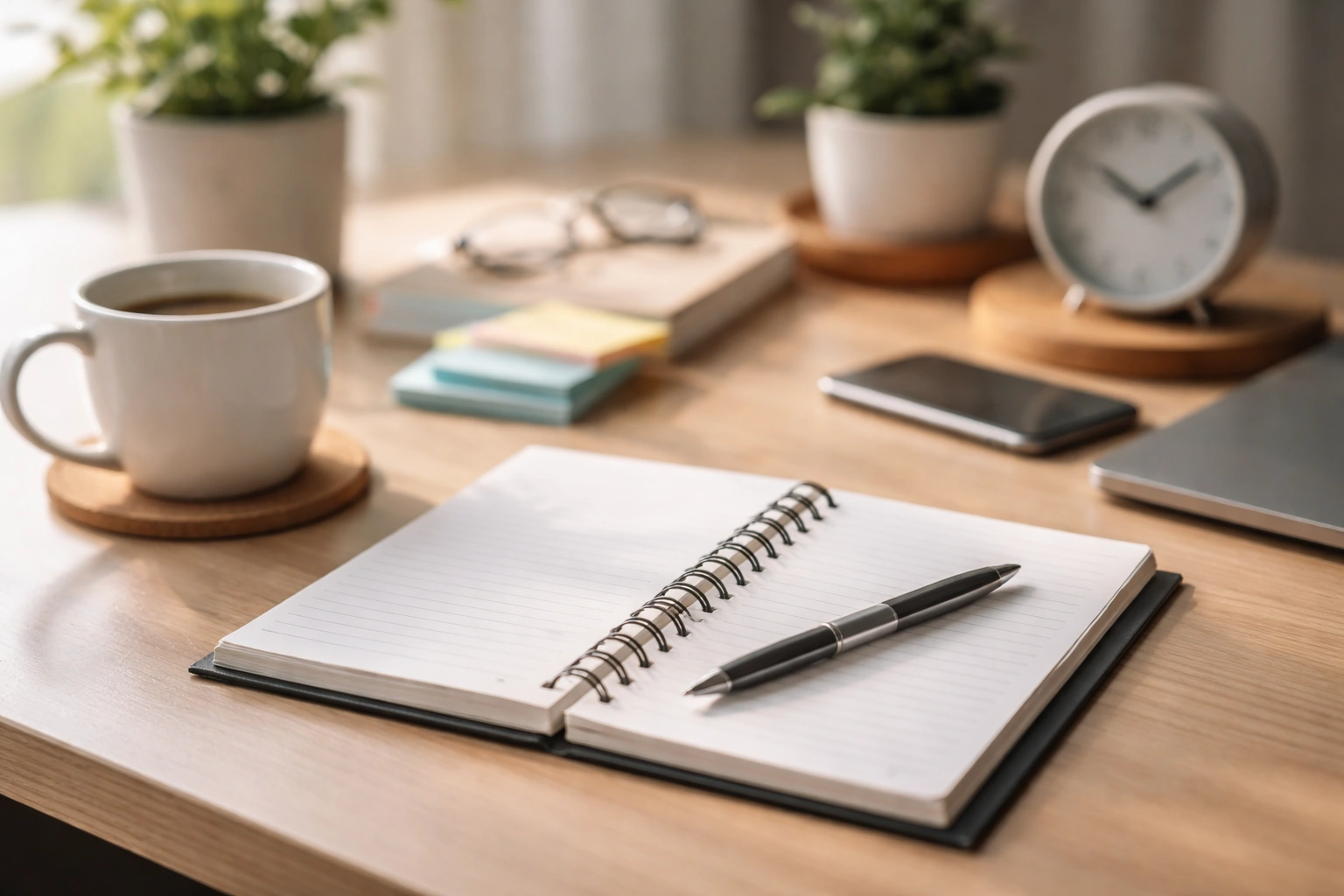 Secretária minimalista de manhã com caderno aberto, caneta e chávena de café