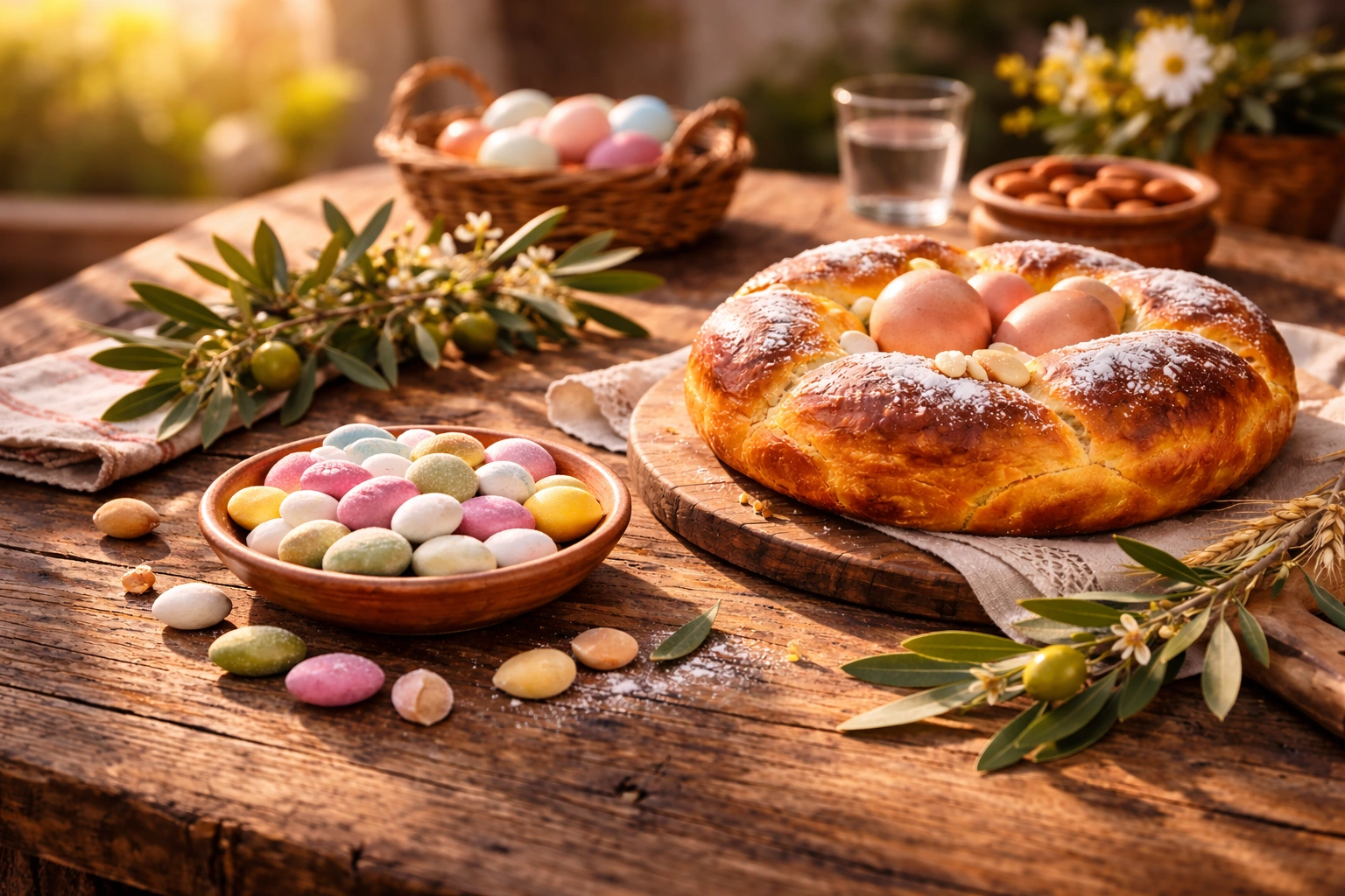 Folar e amêndoas com ramo de oliveira numa mesa rústica