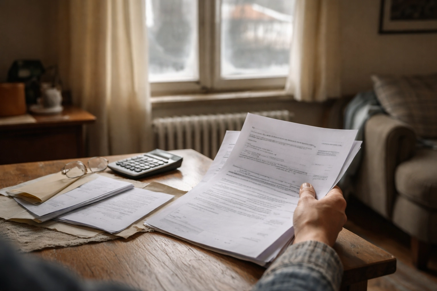 Pessoa em casa a consultar documentos sobre apoio à eficiência energética