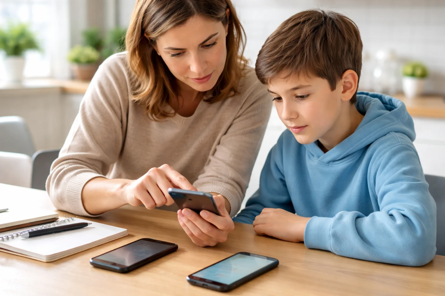 Mãe configura smartphone com controlo parental ao lado de uma criança