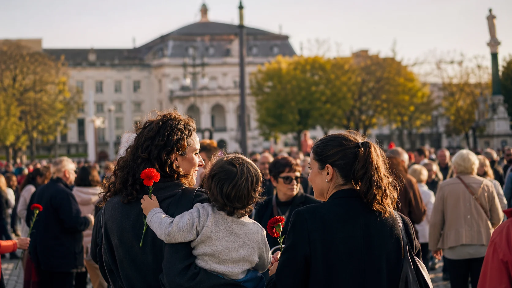 Pessoas a celebrar o 25 de Abril numa praça portuguesa ao fim da tarde