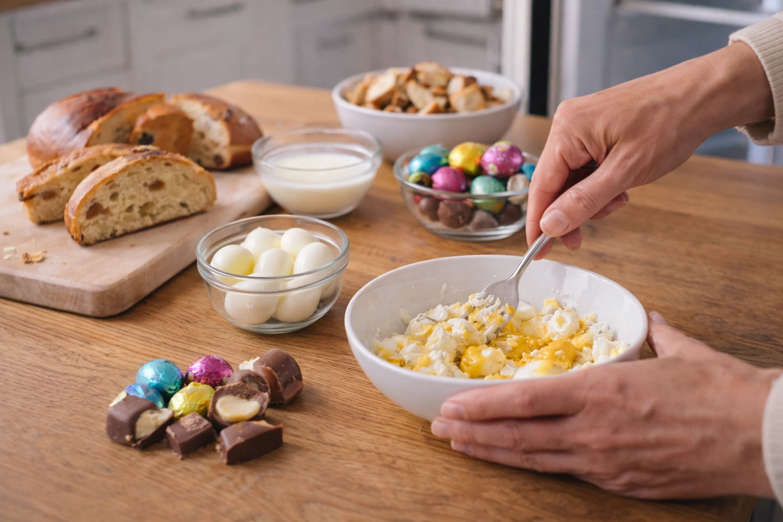 Sobras de folar, ovos e chocolate organizadas numa cozinha para reaproveitamento