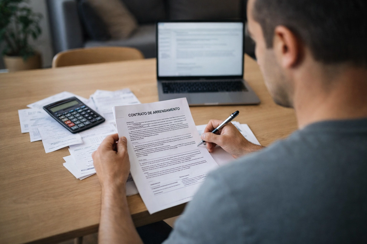 Pessoa a analisar contrato de arrendamento e despesas de casa numa mesa com calculadora