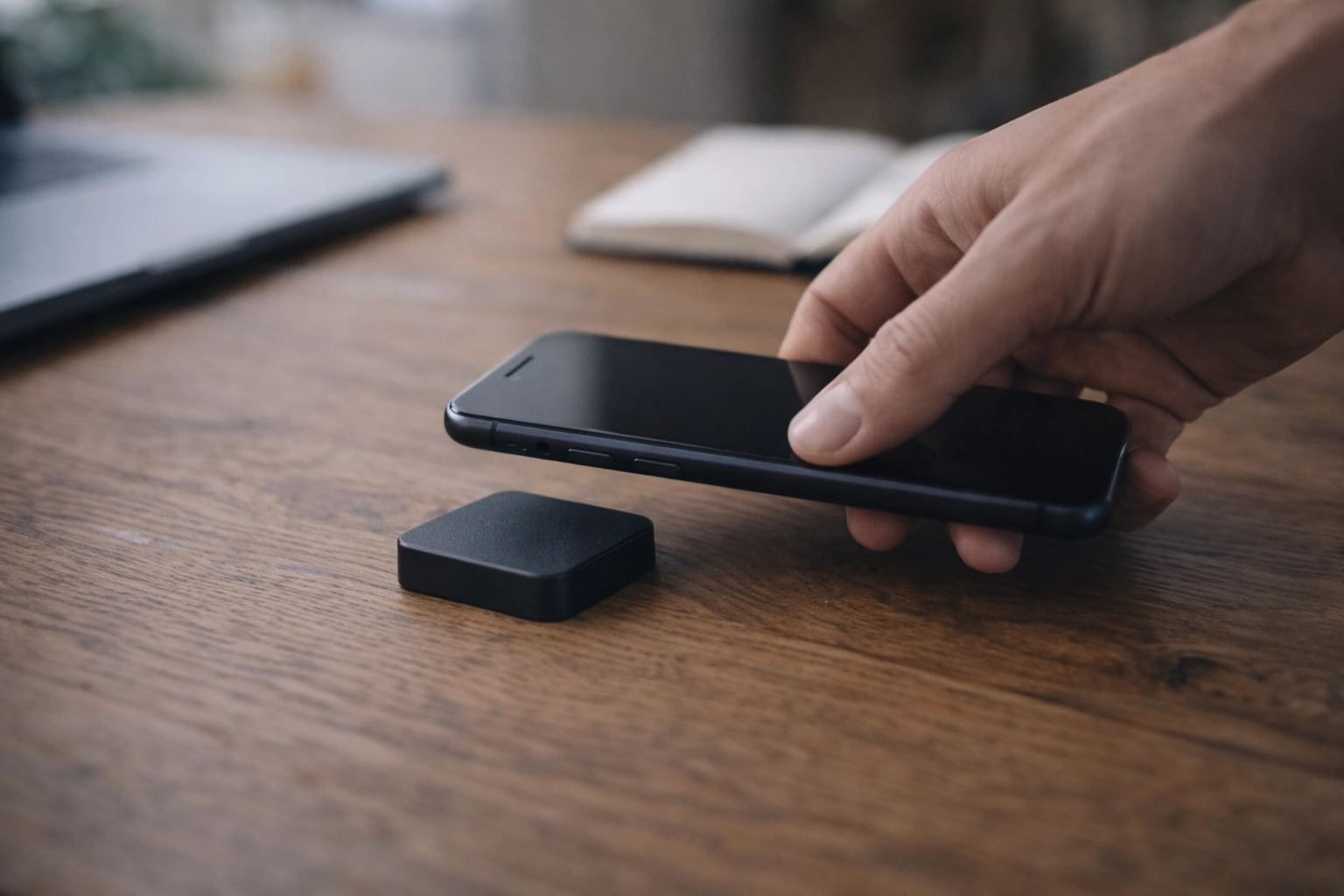 Smartphone ao lado de um pequeno gadget físico usado para bloquear apps e reduzir distrações