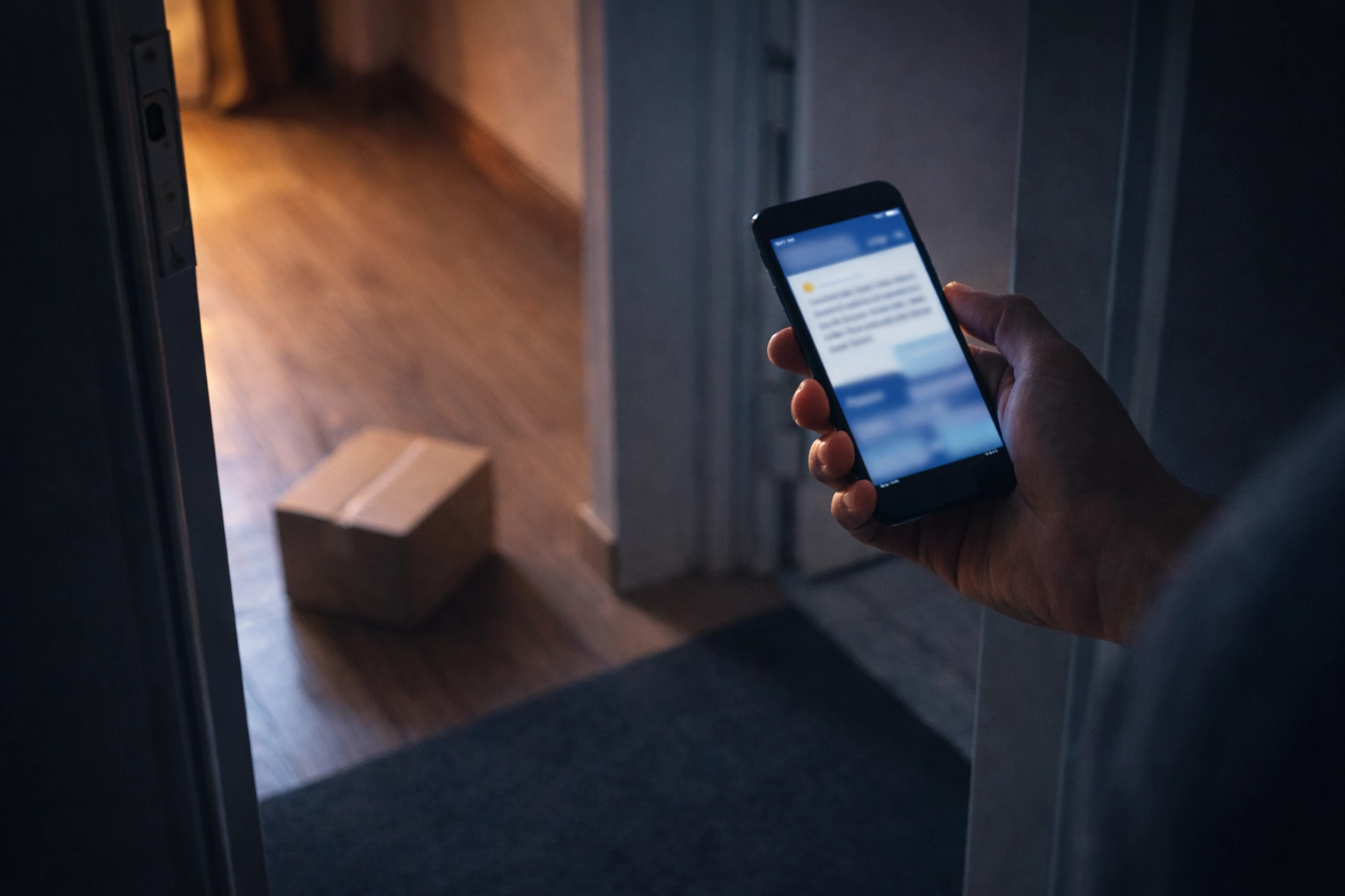 Pessoa hesita à porta com smartphone e uma encomenda no chão do lado de fora