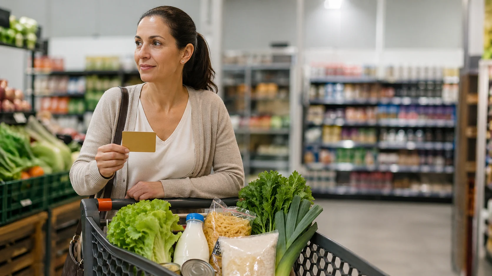 Pessoa com cartão junto a carrinho de compras com alimentos básicos