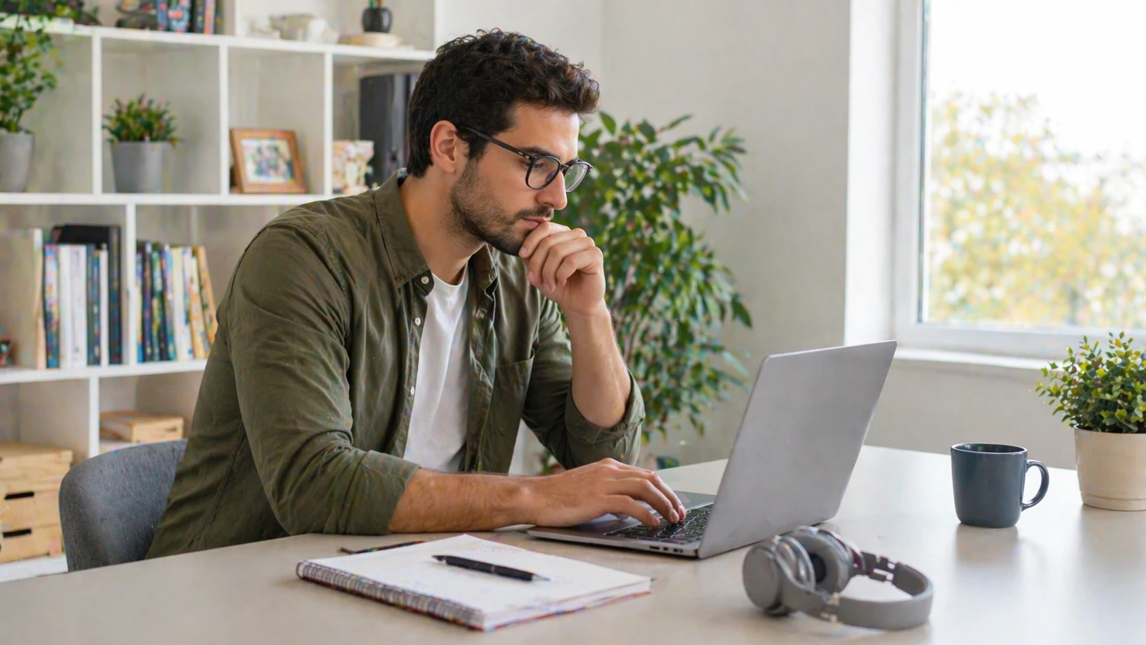 Pessoa a usar portátil para procurar formação digital num ambiente de trabalho simples