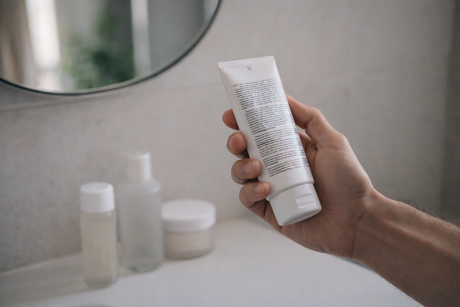 Pessoa a ler o rótulo de um produto de skincare numa casa de banho