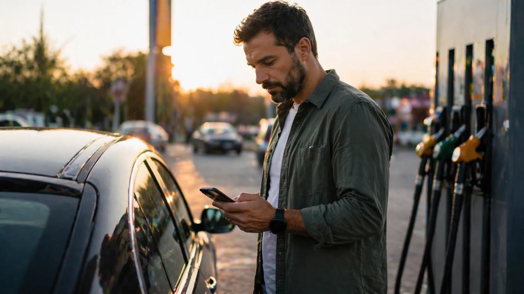 Condutor num posto de combustível a consultar o telemóvel junto ao carro ao fim da tarde