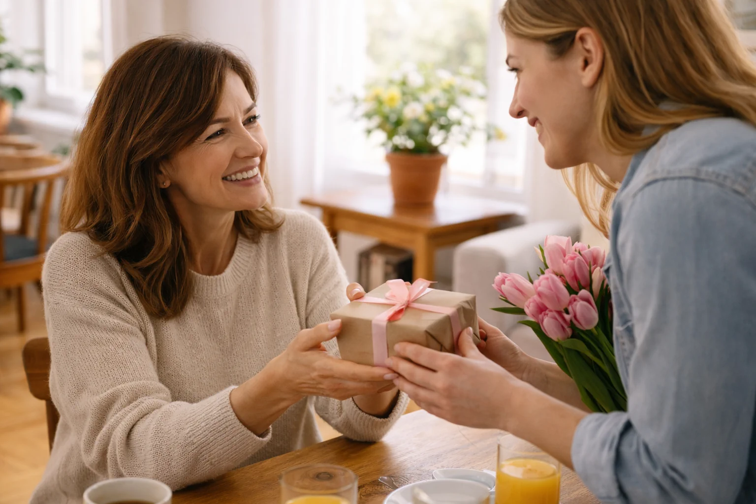 Mãe a receber uma lembrança simples num ambiente familiar luminoso
