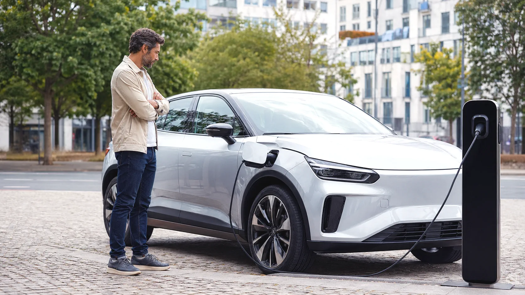 Pessoa a observar carro elétrico junto a carregador em contexto de decisão de compra