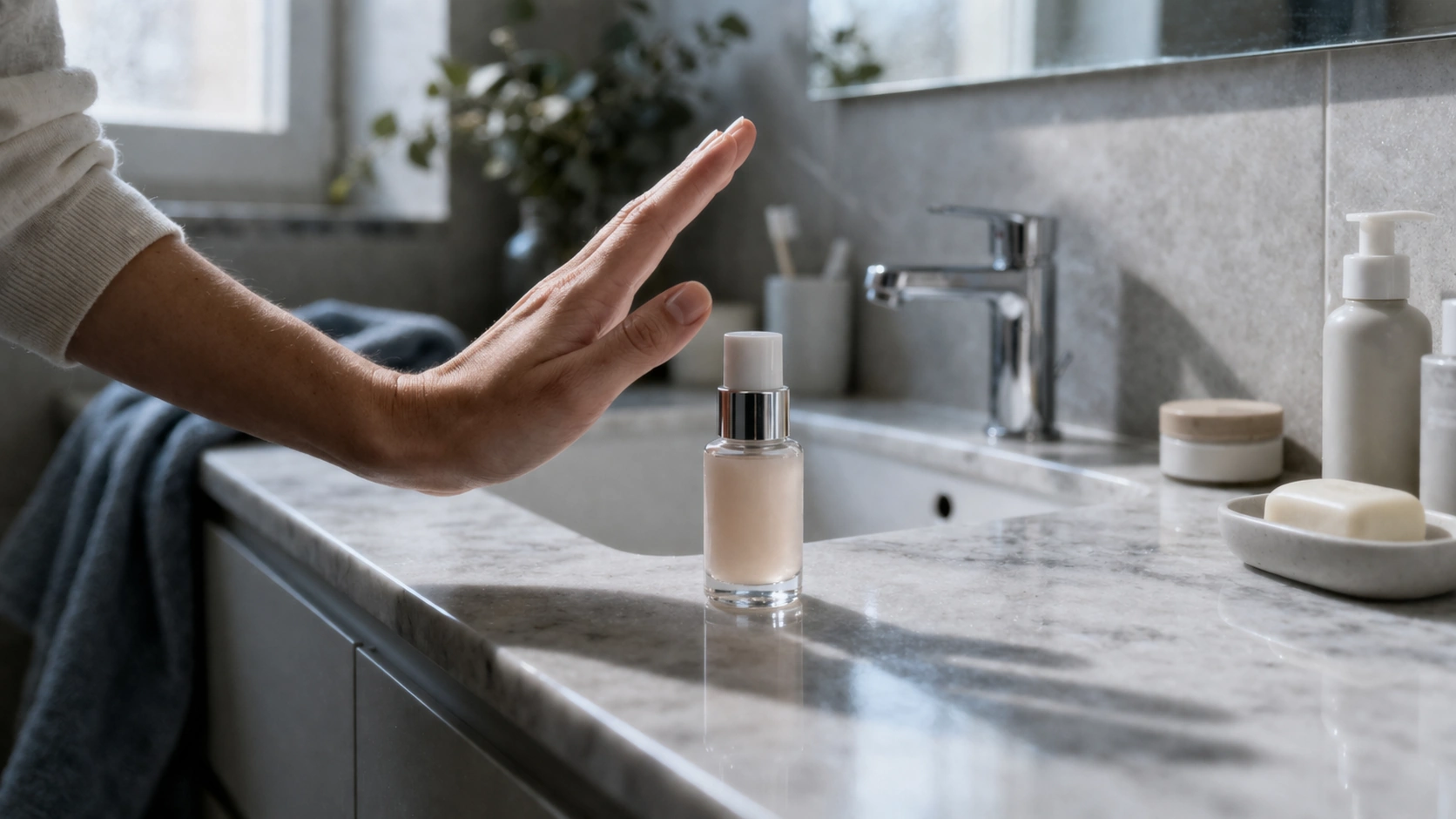 Frasco cosmético numa bancada, ilustrando a retirada de um produto do mercado após alerta do INFARMED