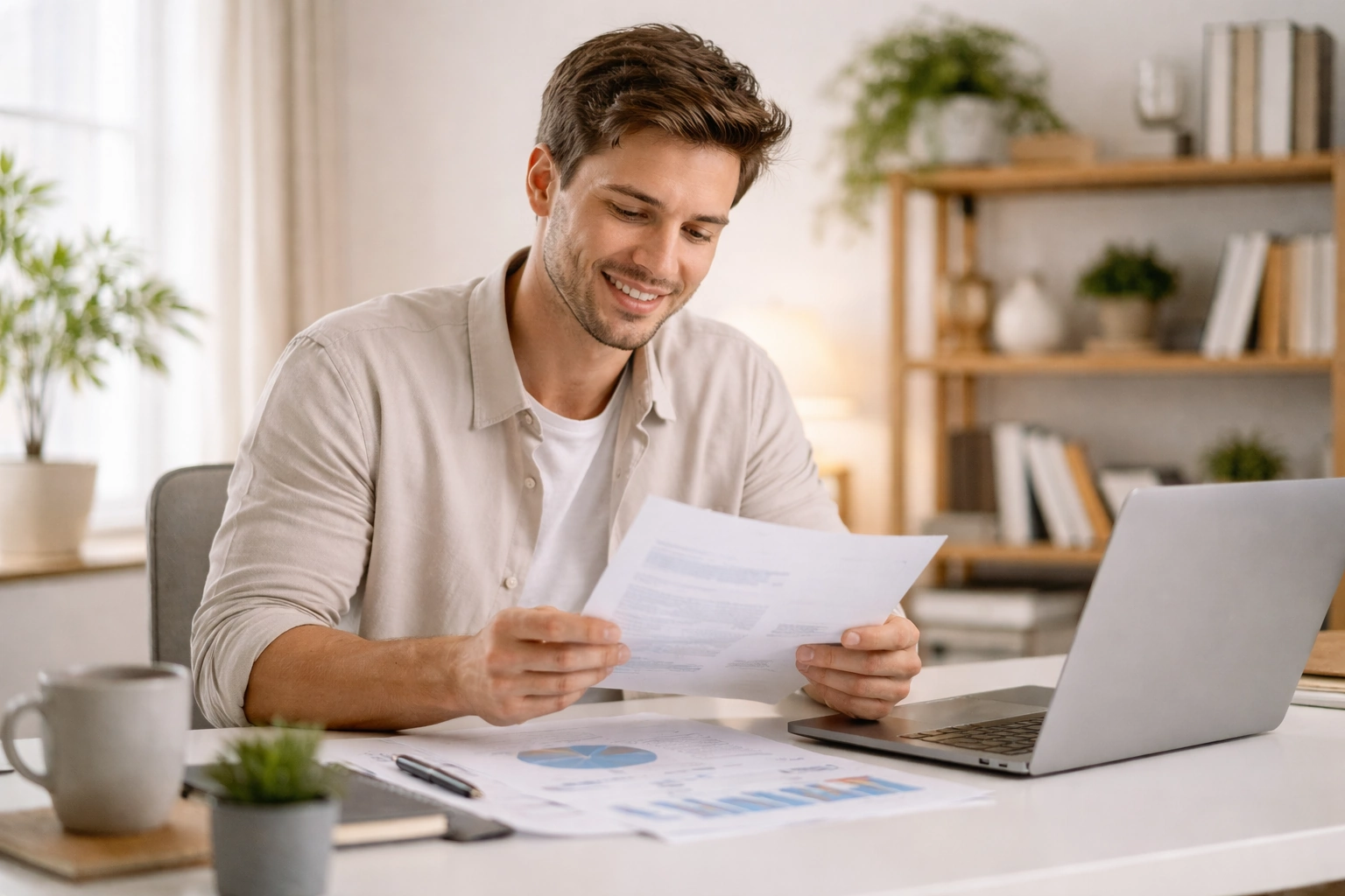 Jovem profissional sentado a uma secretária moderna, a sorrir enquanto verifica documentos ao lado de um portátil.