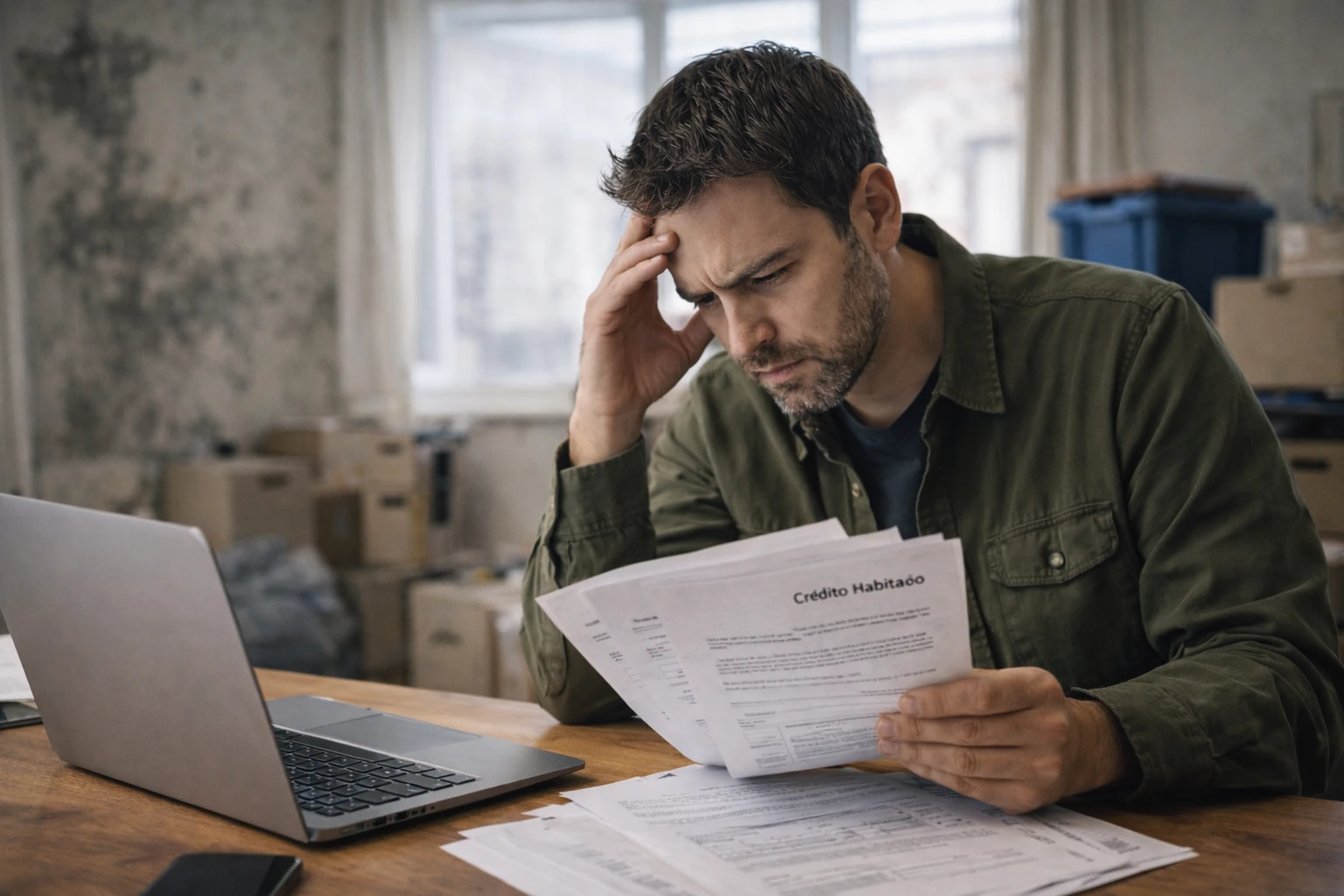 Pessoa a rever documentos do crédito da casa após danos provocados por tempestade