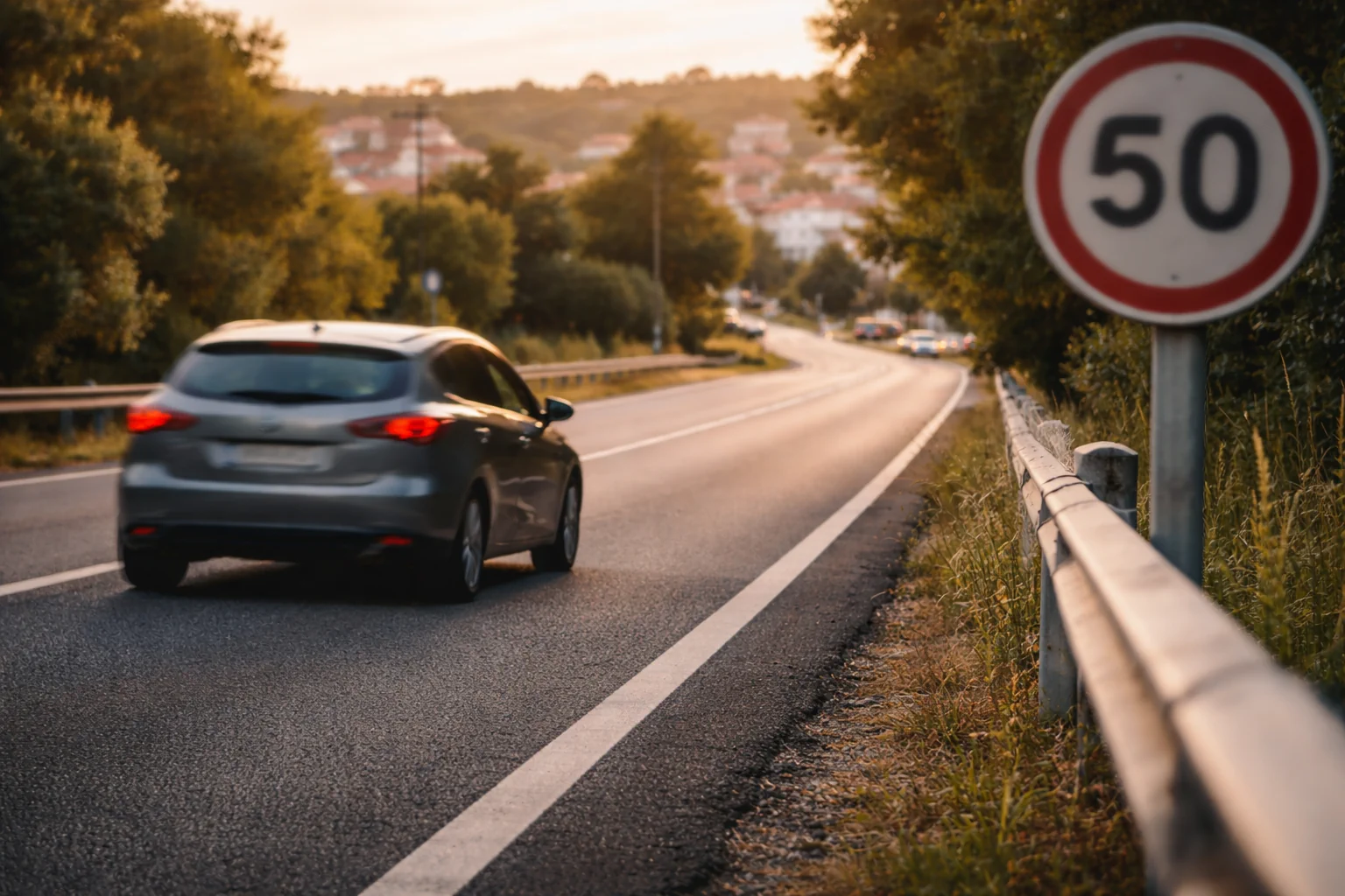 Carro em estrada com sinal de limite de velocidade ao fundo