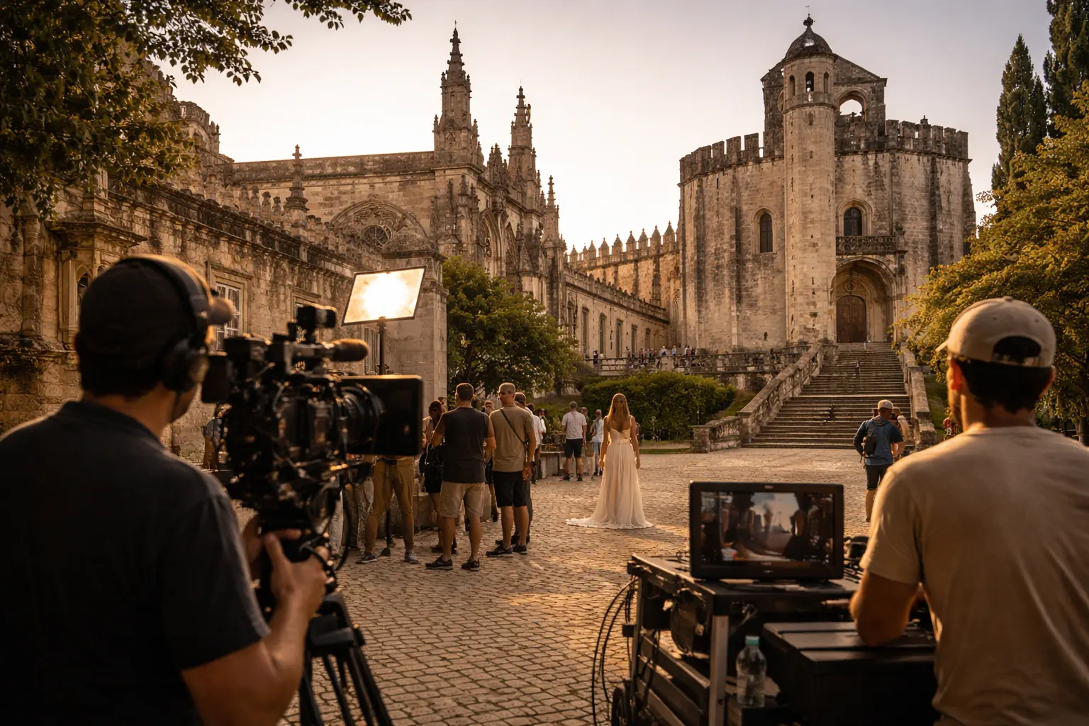 Ambiente de filmagens junto ao património histórico de Tomar ao fim da tarde